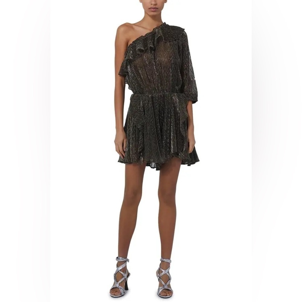 IRO Paris Payham Black Gold Lame One Shoulder Ruffle Sheer Jumpsuit Romper Large - Picture 4 of 17